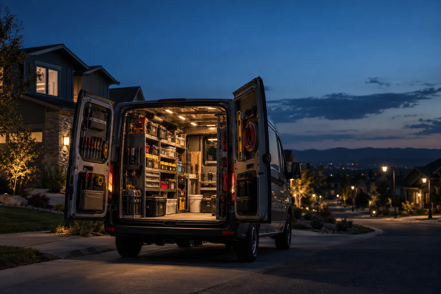 An open work van with organized tools at blue hour
